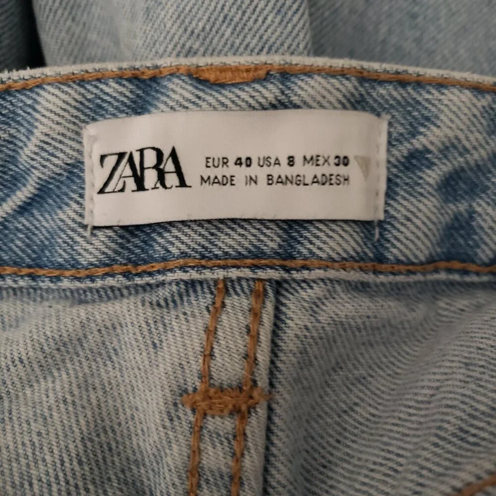 Zara Size 8 Super High Rise Distressed Wide Leg Light Blue Denim Jeans Raw Hem - Picture 7 of 7